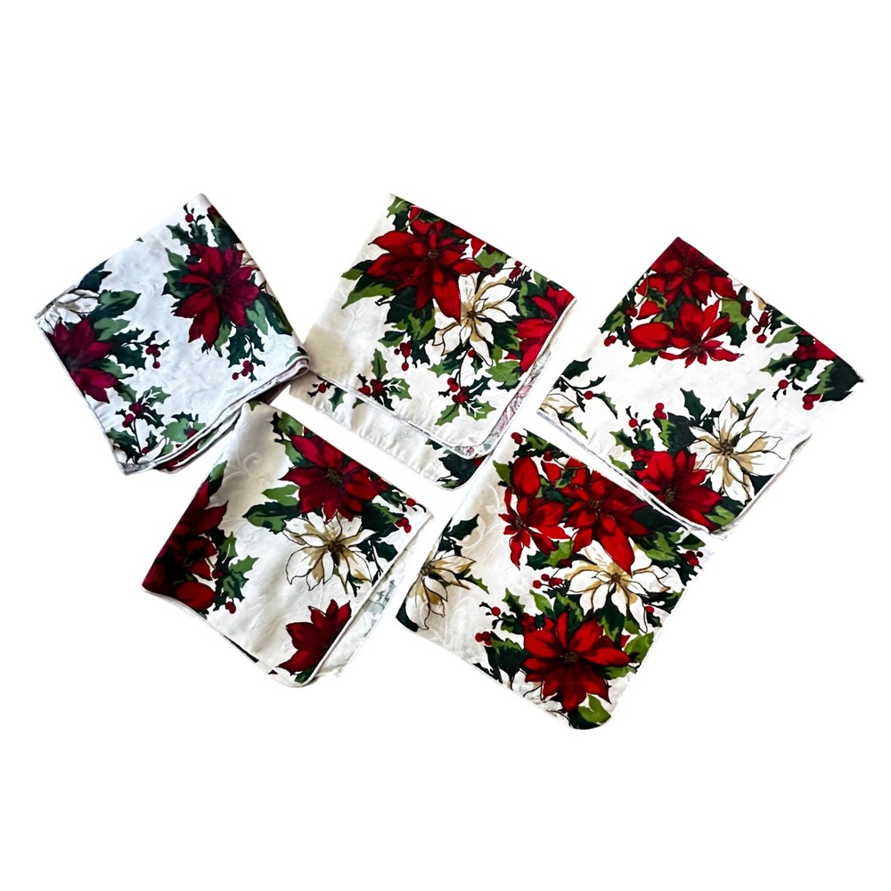 Christmas Poinsettia Cloth Napkins Set of 5 Red White Floral 17x17 aprox Square